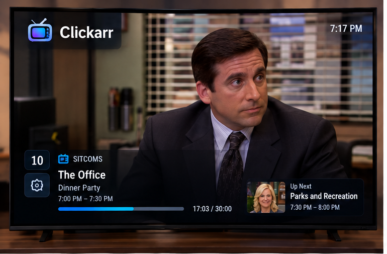 Clickarr playing The Office on channel 10 with the channel overlay visible