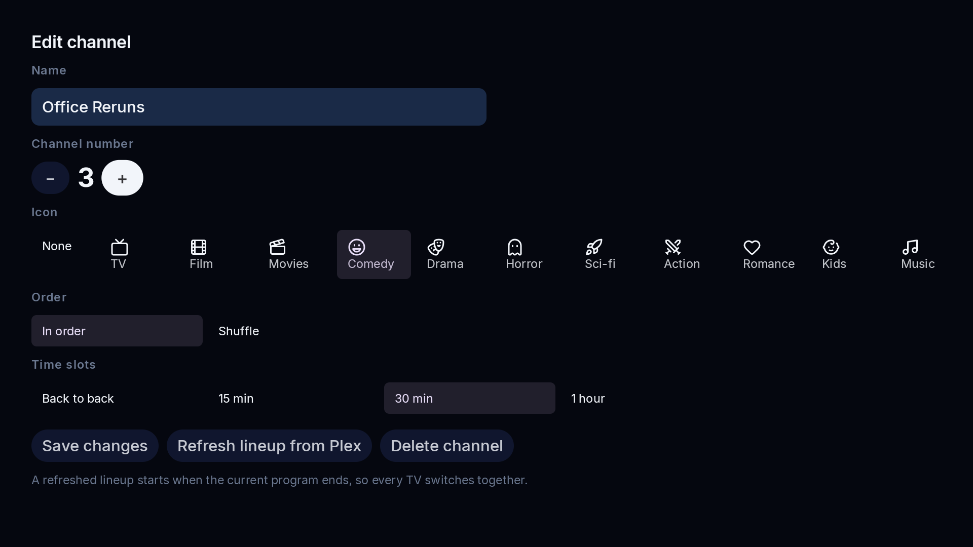 Channel editor with name, number, icon palette, order, and time slots