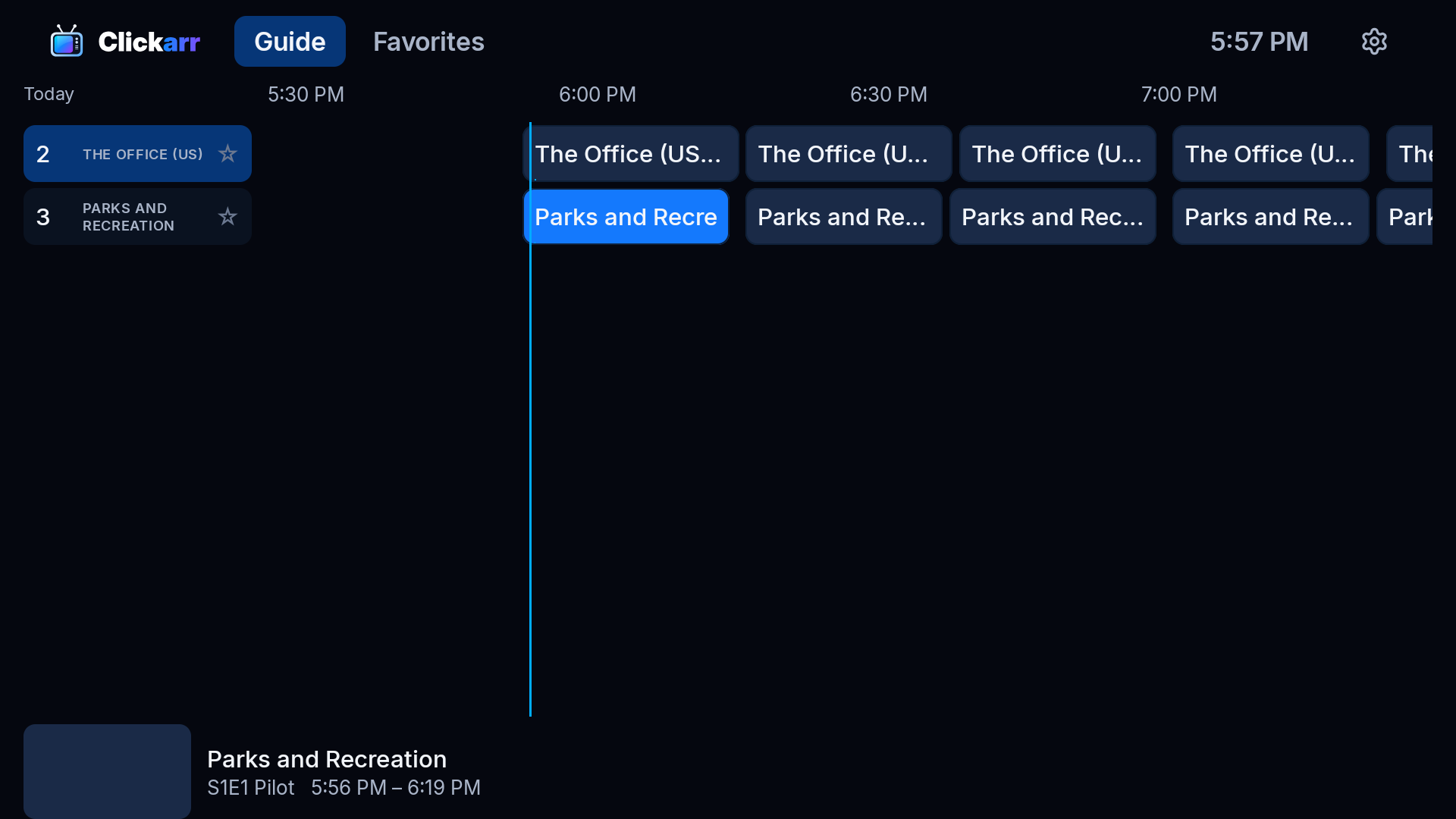 Program guide grid with a now-line and a preview card