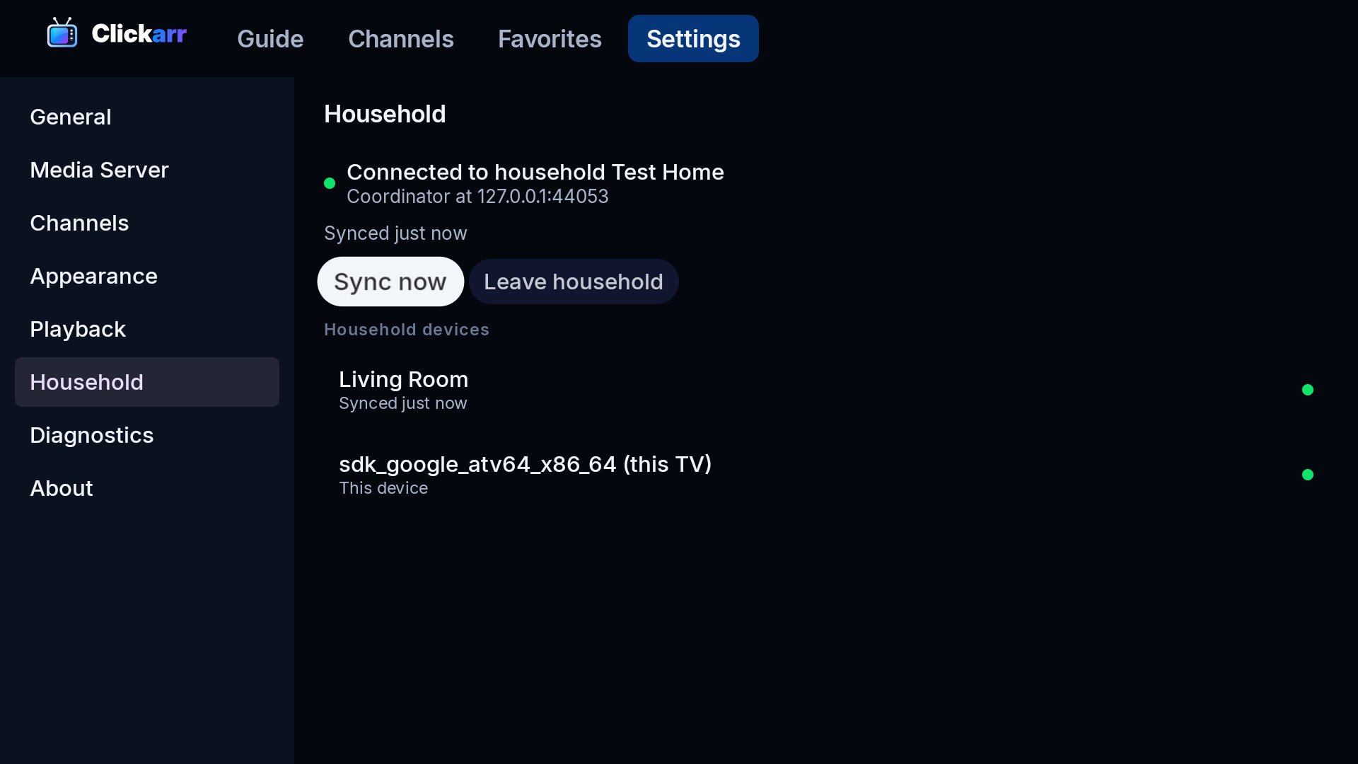 Household settings showing a member connected to a coordinator