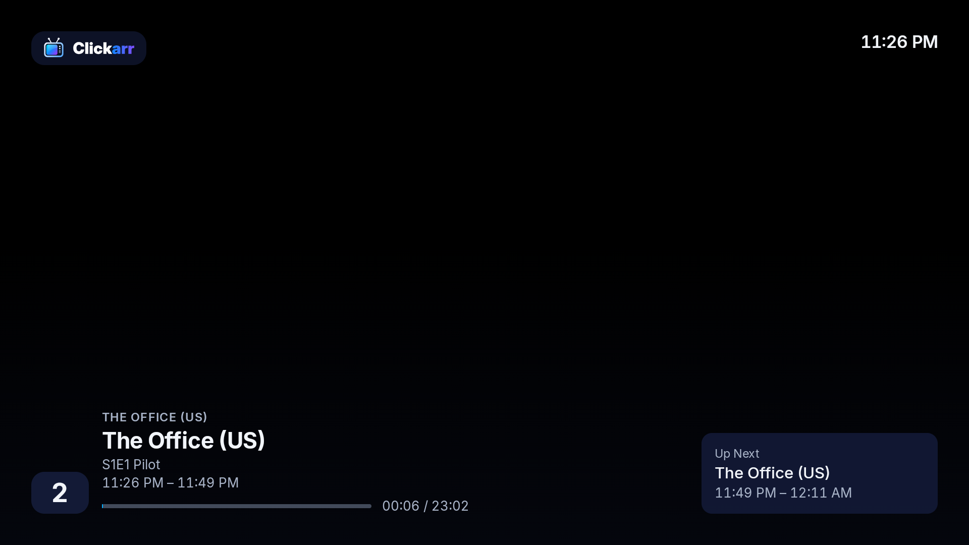 Player overlay with channel number, program, episode, and Up Next