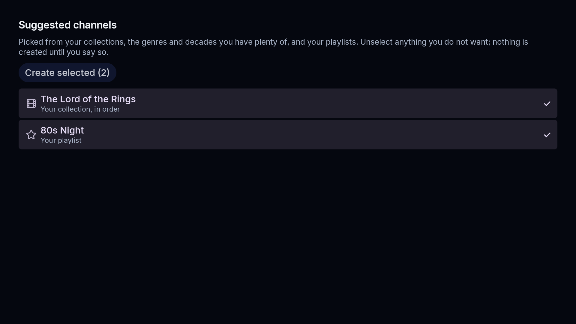 Suggested channels list built from the library
